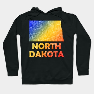 Colorful mandala art map of North Dakota with text in blue, yellow, and red Hoodie